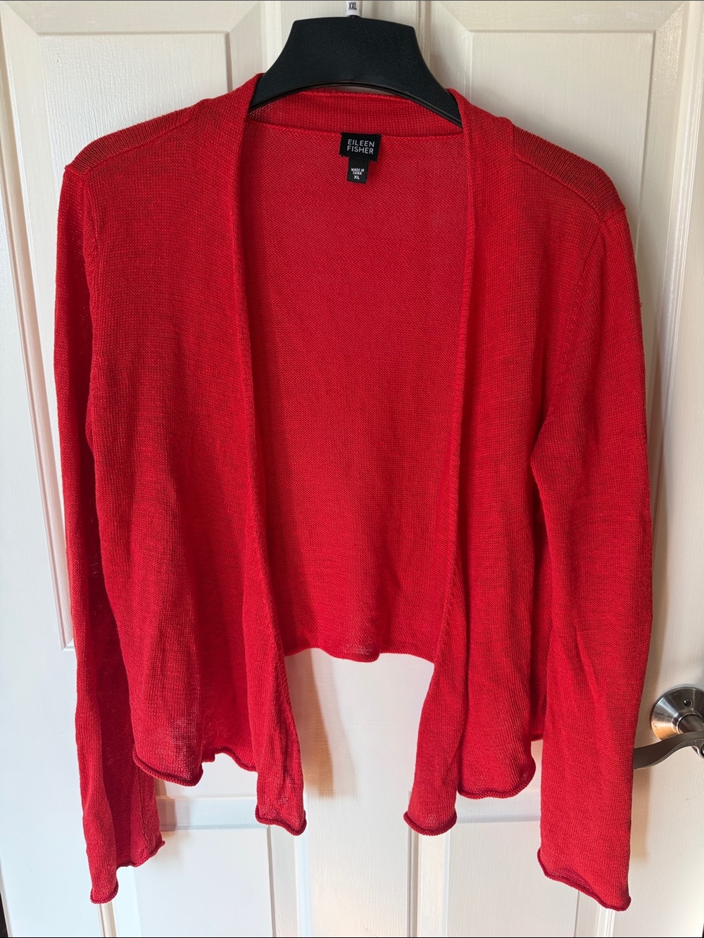 Eileen Fisher Bright Red Open-Front 100% Linen Lightweight Cardigan-XL